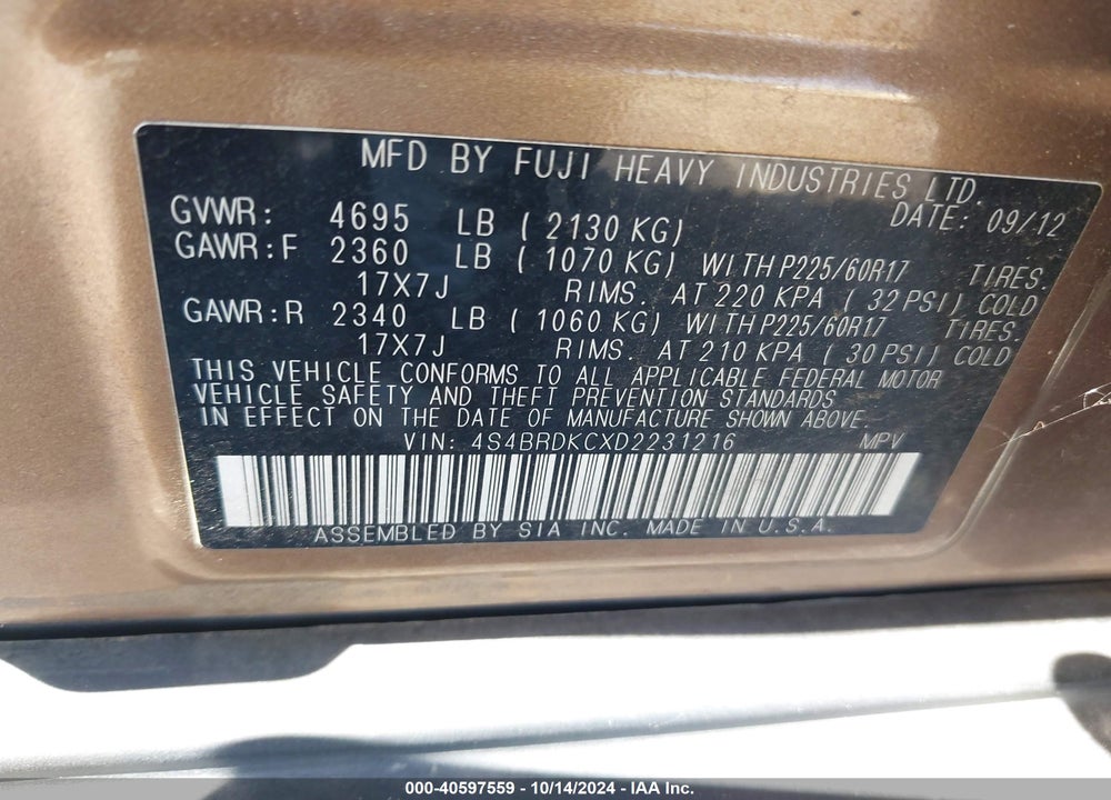 2013 SUBARU OUTBACK 3.6R LIMITED VIN: 4S4BRDKCXD2231216