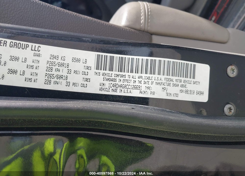 2012 DODGE DURANGO SXT VIN: 1C4RDHAG0CC126691