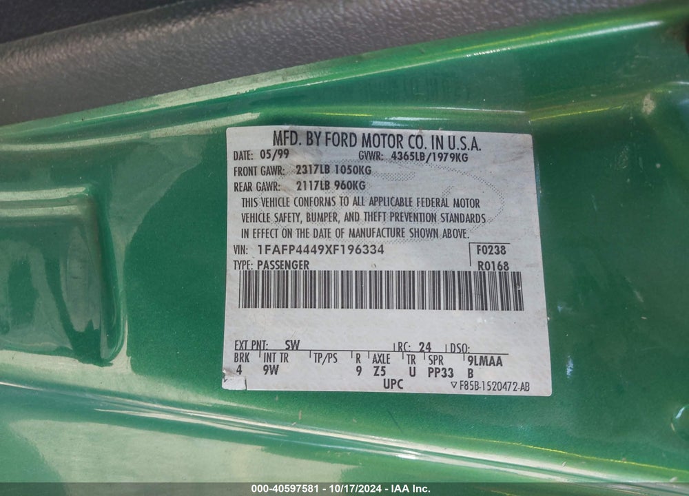 1999 FORD MUSTANG VIN: 1FAFP4449XF196334