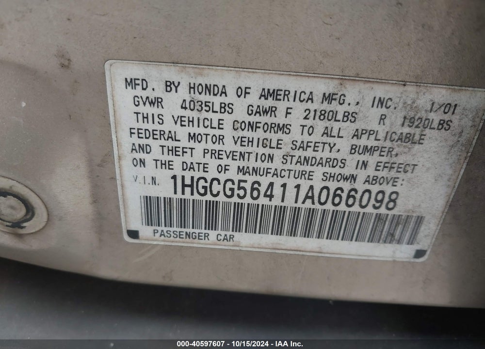 2001 HONDA ACCORD 2.3 LX VIN: 1HGCG56411A066098