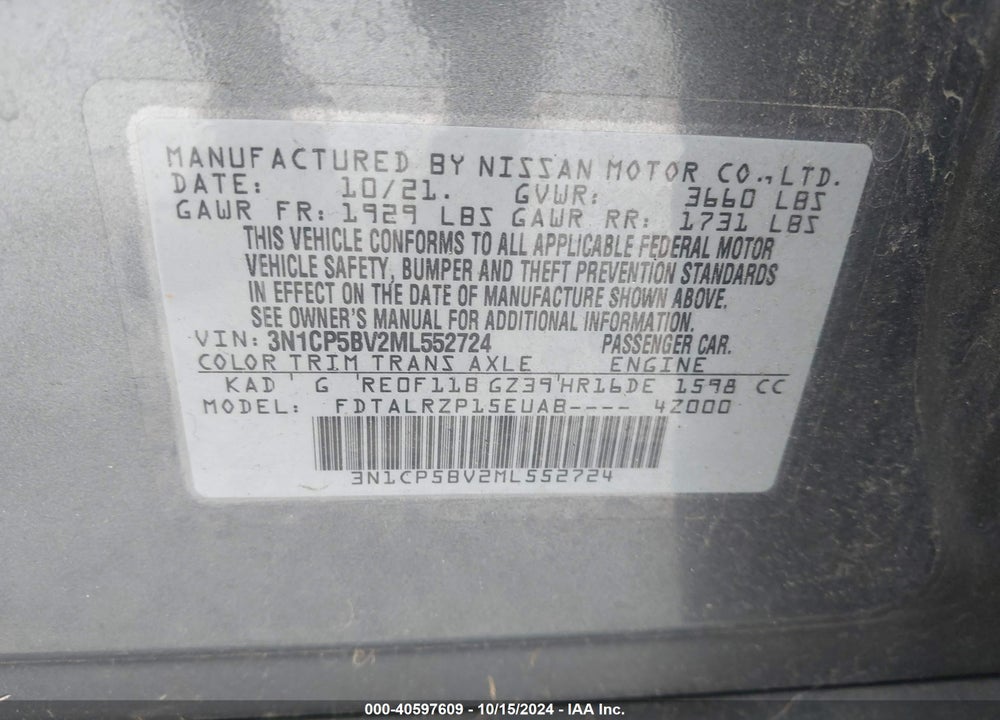2021 NISSAN KICKS S XTRONIC CVT VIN: 3N1CP5BV2ML552724