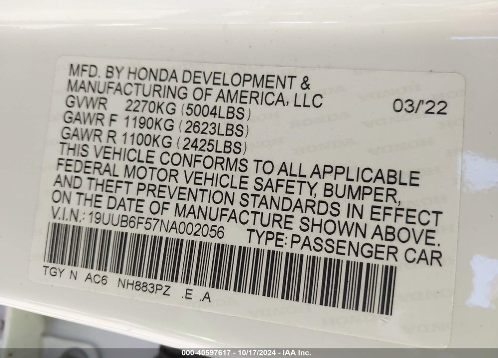 2022 ACURA TLX VIN: 19UUB6F57NA002056