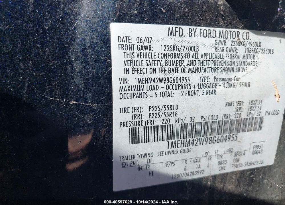 2008 MERCURY SABLE PREMIER VIN: 1MEHM42W98G604955