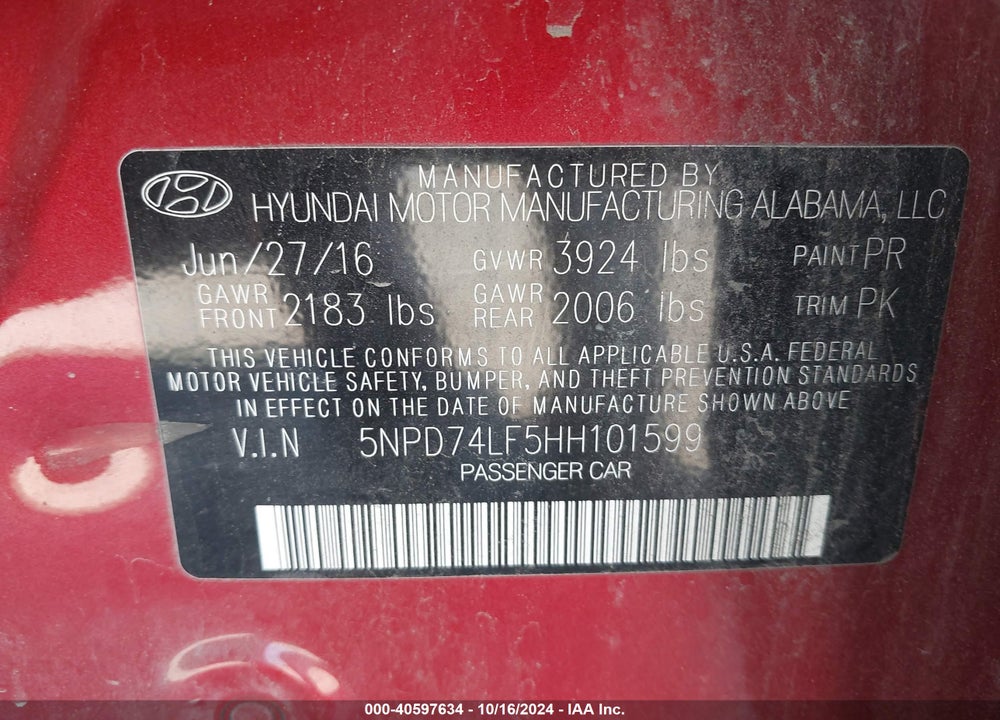 2017 HYUNDAI ELANTRA SE VIN: 5NPD74LF5HH101599