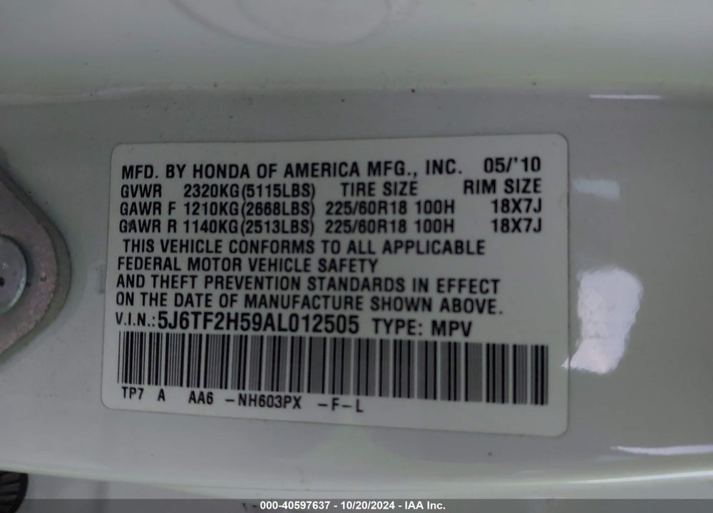 2010 HONDA ACCORD CROSSTOUR EX-L VIN: 5J6TF2H59AL012505