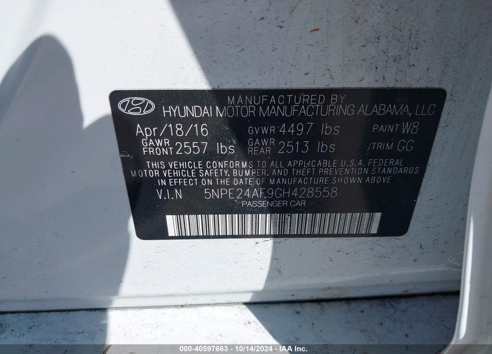 2016 HYUNDAI SONATA SE VIN: 5NPE24AF9GH428558