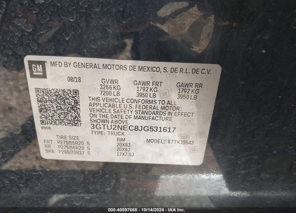2018 GMC SIERRA 1500 SLT VIN: 3GTU2NEC8JG531617