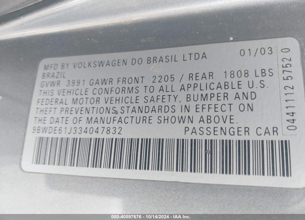 2003 VOLKSWAGEN GTI 1.8T VIN: 9BWDE61J334047832