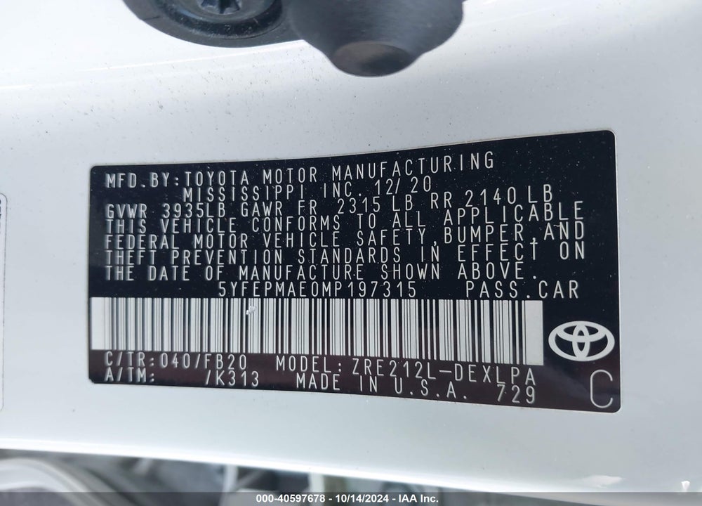 2021 TOYOTA COROLLA LE VIN: 5YFEPMAE0MP197315