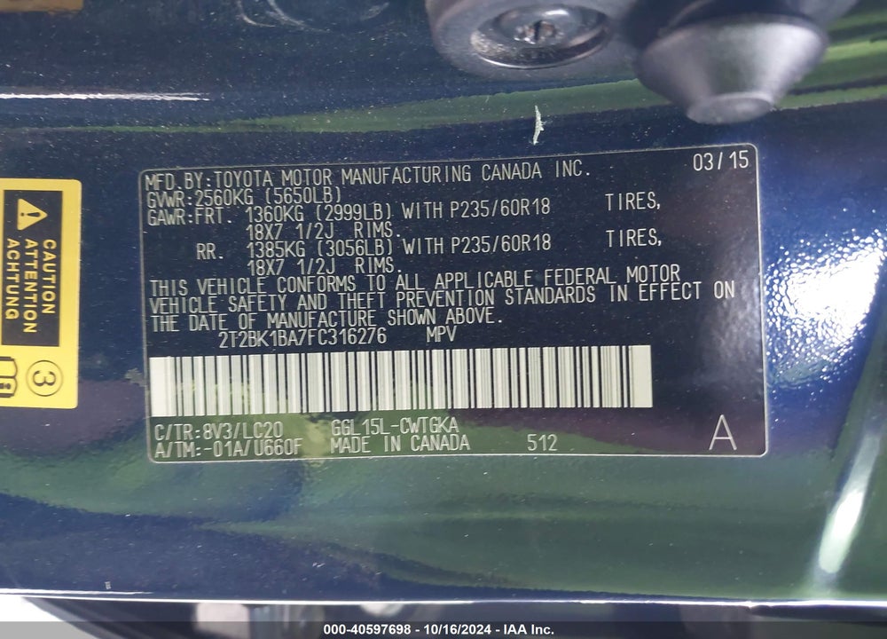 2015 LEXUS RX 350 VIN: 2T2BK1BA7FC316276