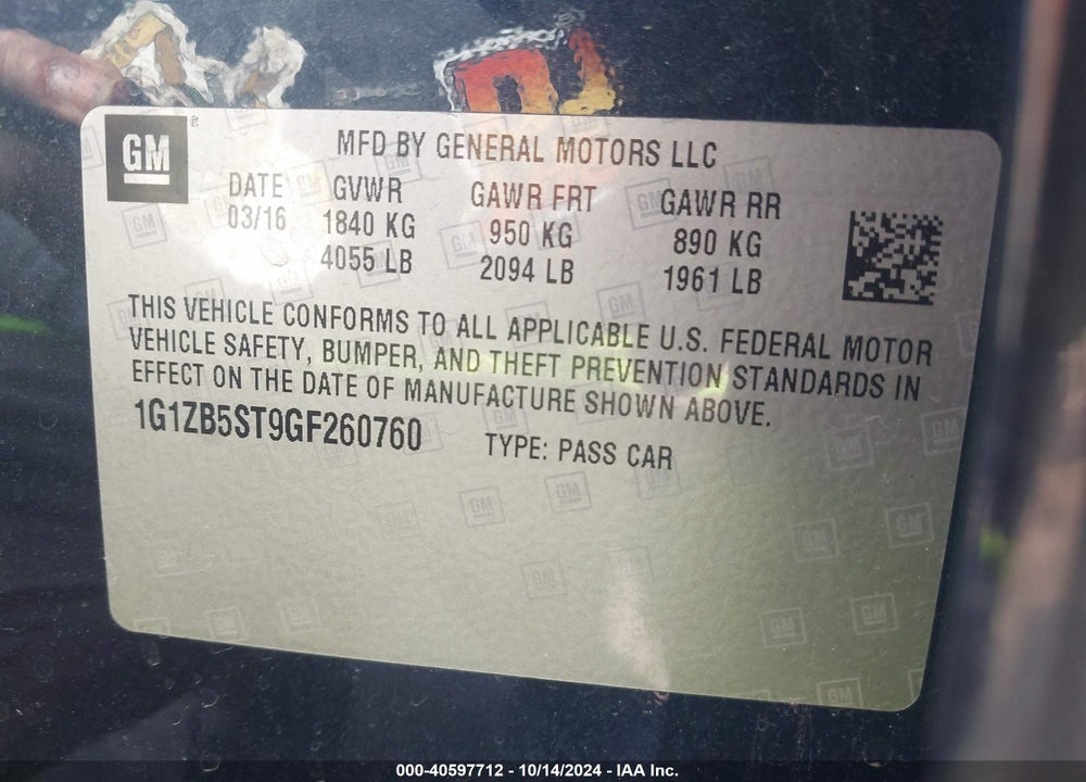 2016 CHEVROLET MALIBU LS VIN: 1G1ZB5ST9GF260760