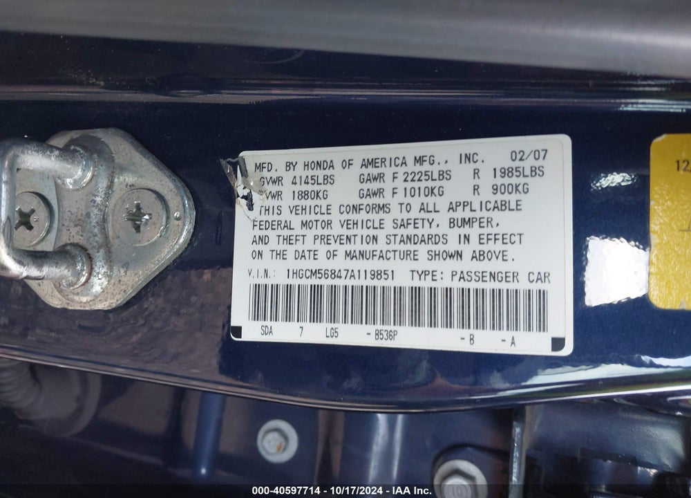 2007 HONDA ACCORD 2.4 EX VIN: 1HGCM56847A119851