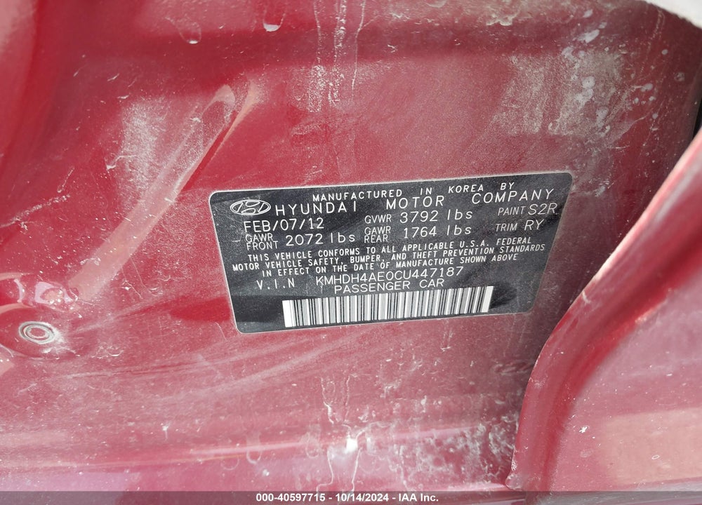 2012 HYUNDAI ELANTRA LIMITED (ULSAN PLANT) VIN: KMHDH4AE0CU447187
