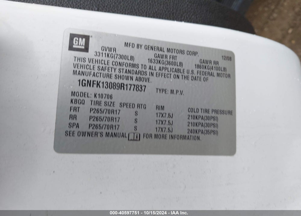 2009 CHEVROLET TAHOE COMMERCIAL FLEET VIN: 1GNFK13089R177837