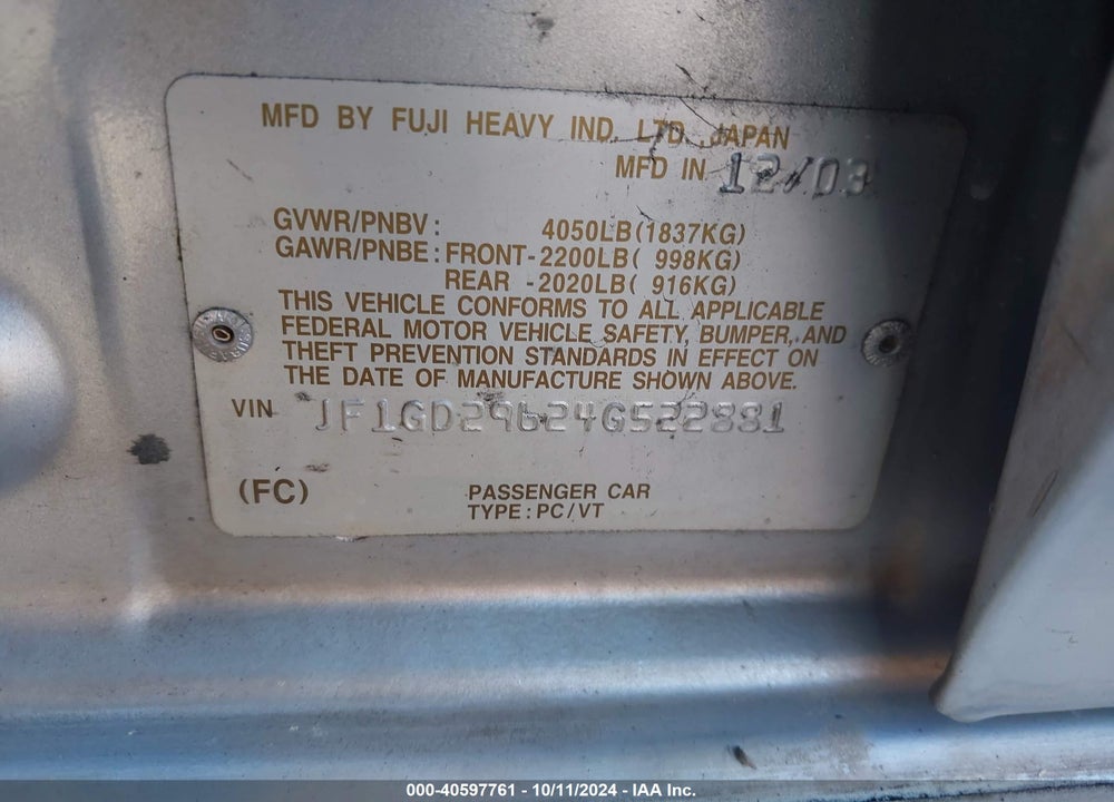 2004 SUBARU IMPREZA WRX VIN: JF1GD29624G522881