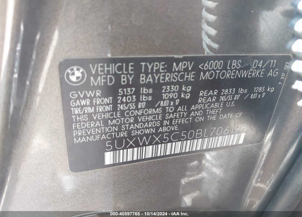 2011 BMW X3 XDRIVE28I VIN: 5UXWX5C50BL706198
