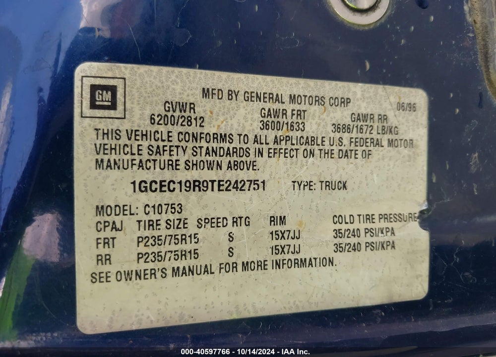 1996 CHEVROLET GMT-400 C1500 VIN: 1GCEC19R9TE242751