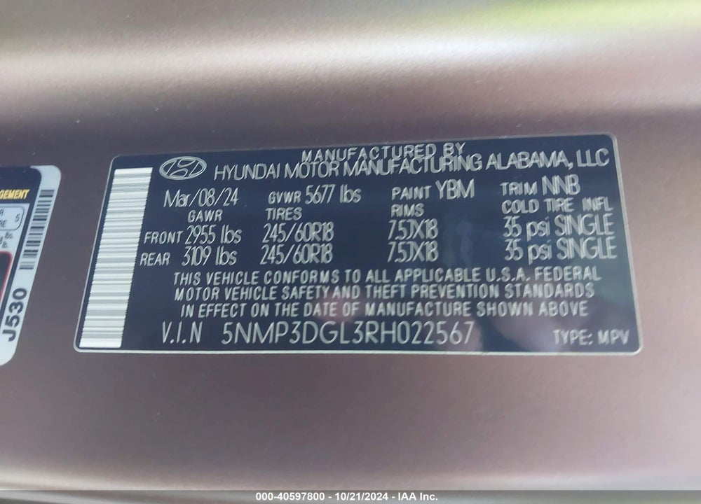 2024 HYUNDAI SANTA FE XRT VIN: 5NMP3DGL3RH022567