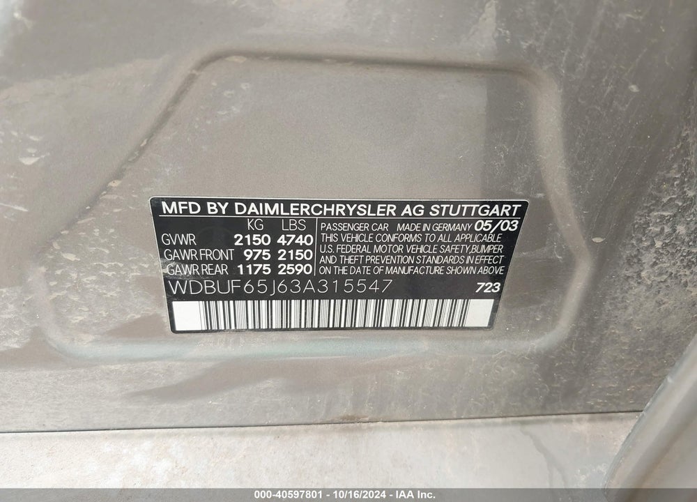 2003 MERCEDES-BENZ E 320 VIN: WDBUF65J63A315547