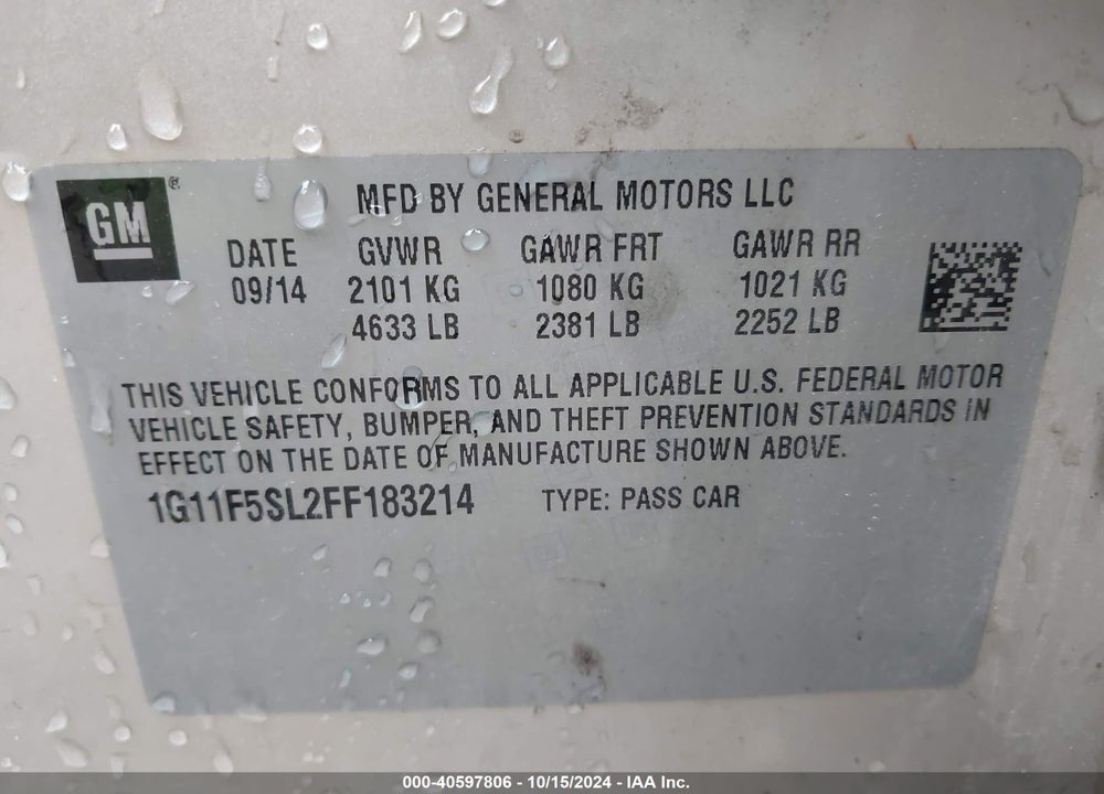 2015 CHEVROLET MALIBU 1LZ VIN: 1G11F5SL2FF183214