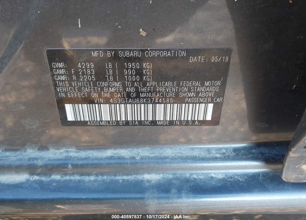 2019 SUBARU IMPREZA 2.0I LIMITED VIN: 4S3GTAU68K3744585