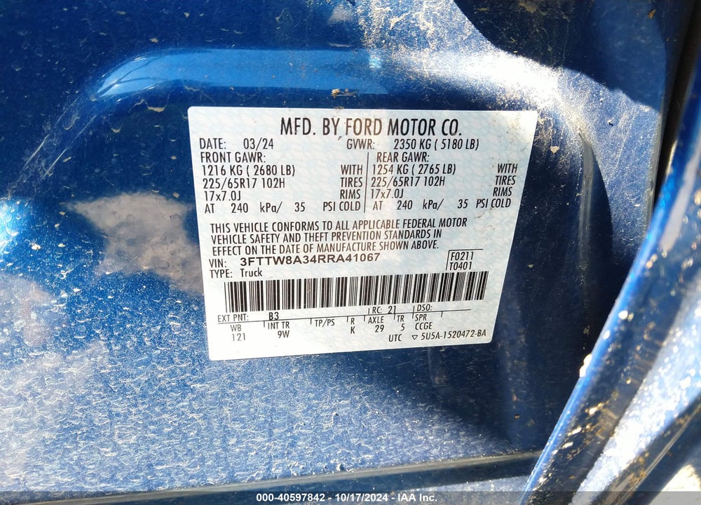 2024 FORD MAVERICK XL VIN: 3FTTW8A34RRA41067