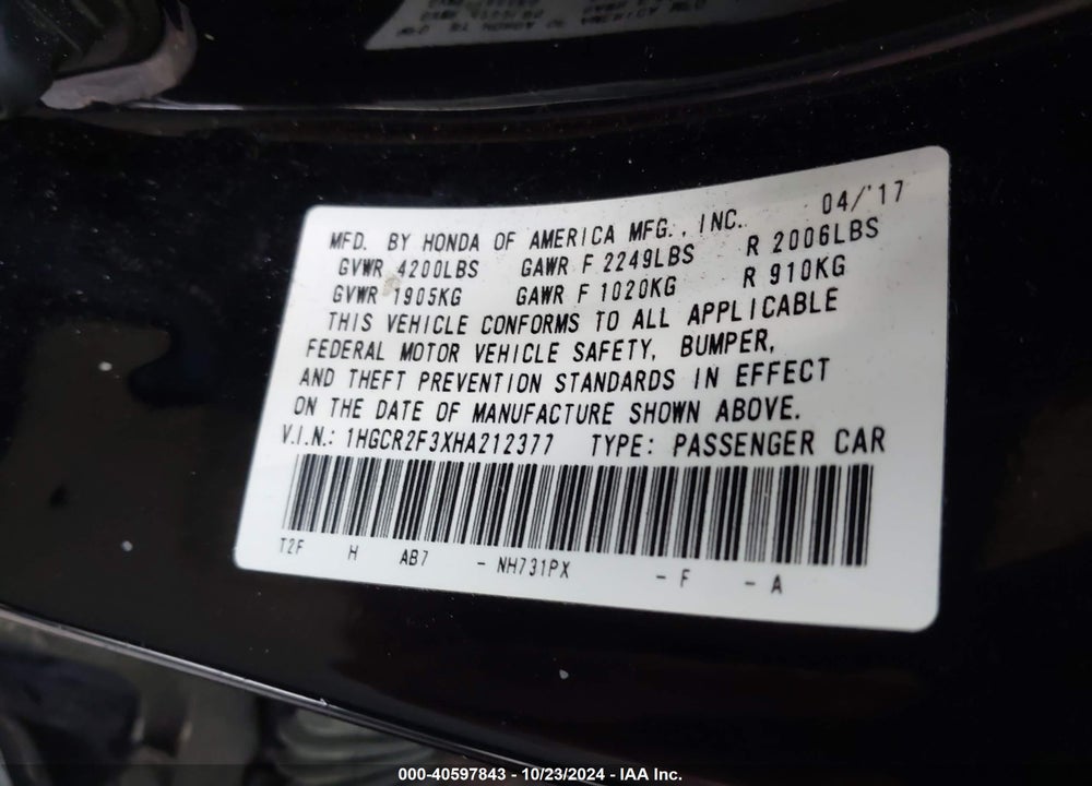 2017 HONDA ACCORD LX VIN: 1HGCR2F3XHA212377