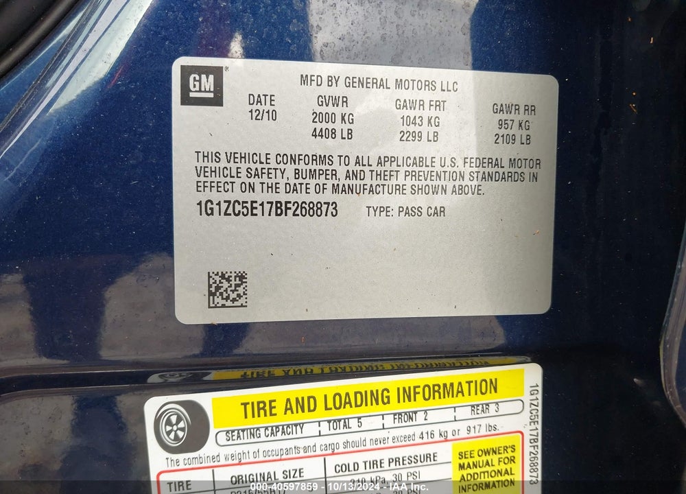 2011 CHEVROLET MALIBU 1LT VIN: 1G1ZC5E17BF268873