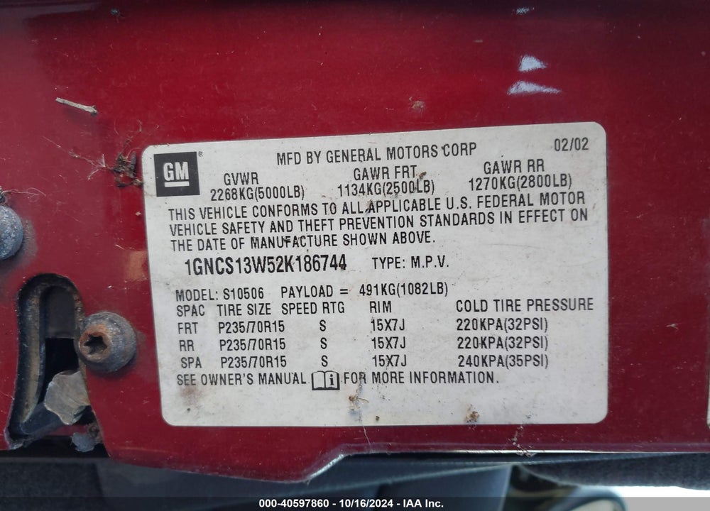 2002 CHEVROLET BLAZER LS VIN: 1GNCS13W52K186744