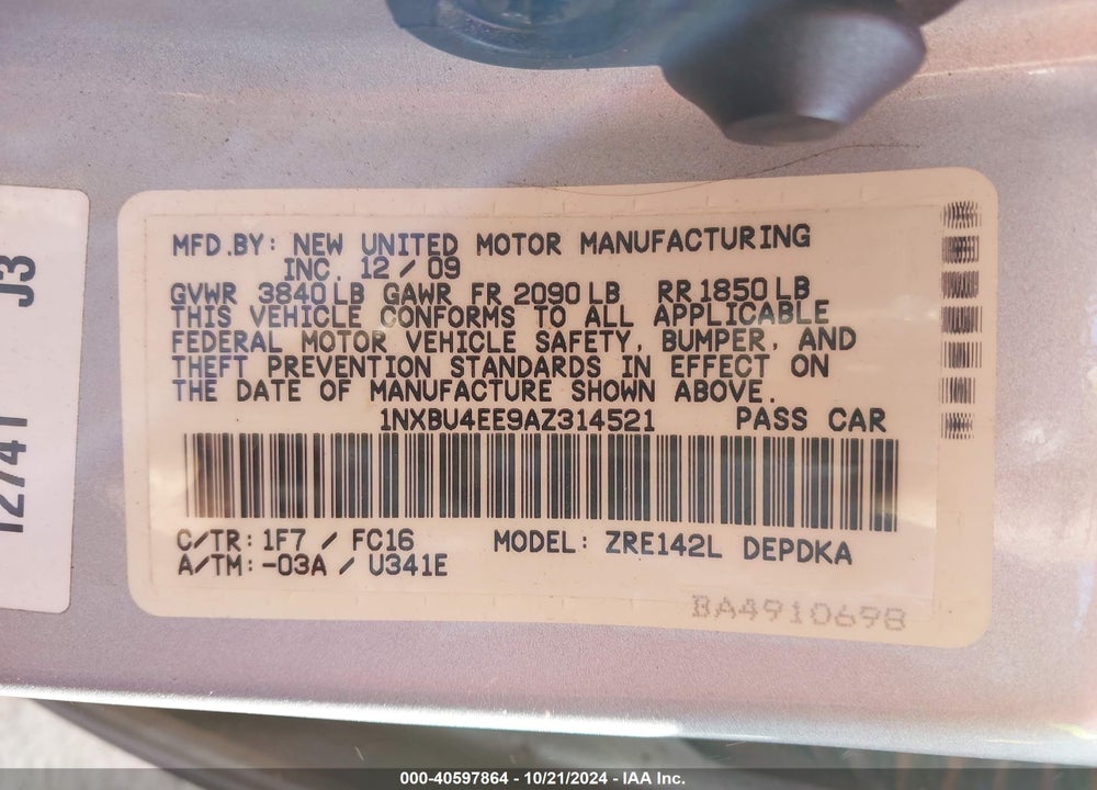 2010 TOYOTA COROLLA LE VIN: 1NXBU4EE9AZ314521