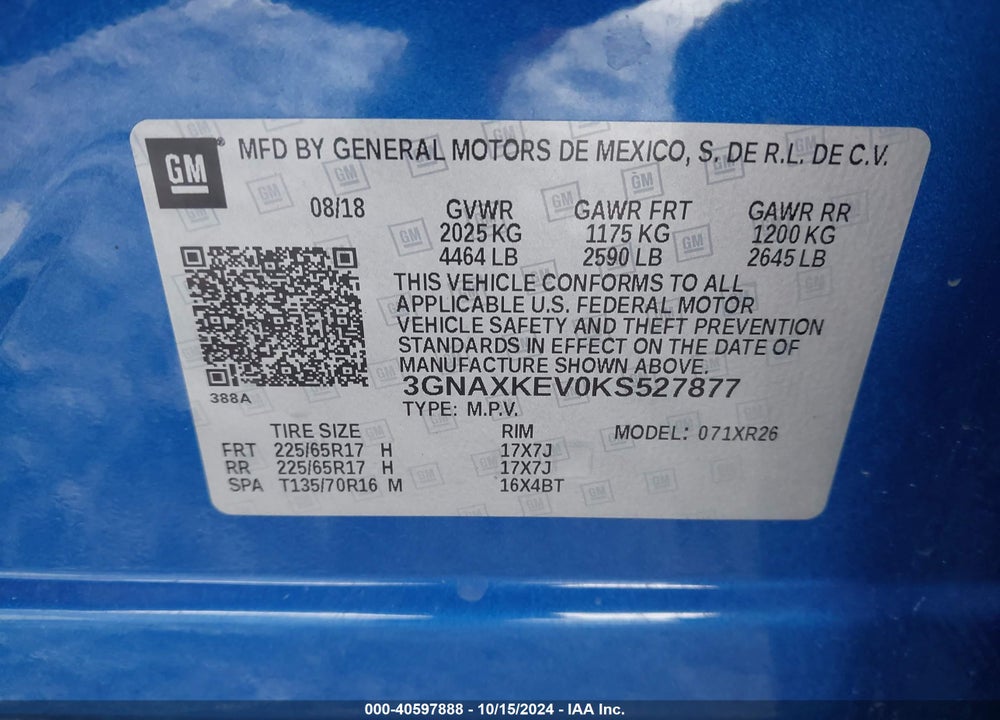 2019 CHEVROLET EQUINOX LT VIN: 3GNAXKEV0KS527877