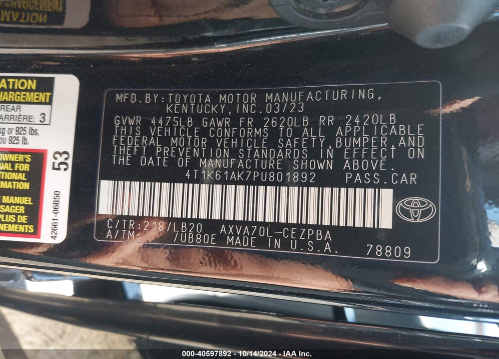 2023 TOYOTA CAMRY XSE VIN: 4T1K61AK7PU801892