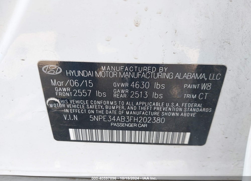 2015 HYUNDAI SONATA LIMITED 2.0T VIN: 5NPE34AB3FH202380