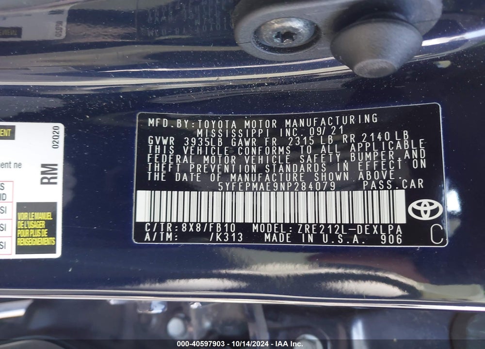2022 TOYOTA COROLLA LE VIN: 5YFEPMAE9NP284079