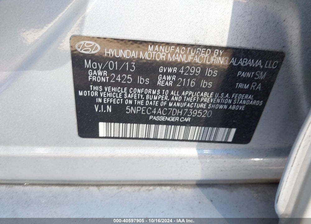 2013 HYUNDAI SONATA LIMITED VIN: 5NPEC4AC7DH739520