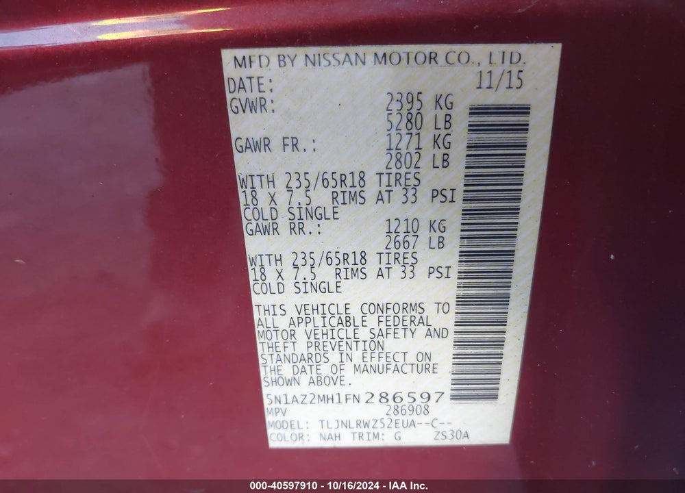 2015 NISSAN MURANO VIN: 5N1AZ2MH1FN286597