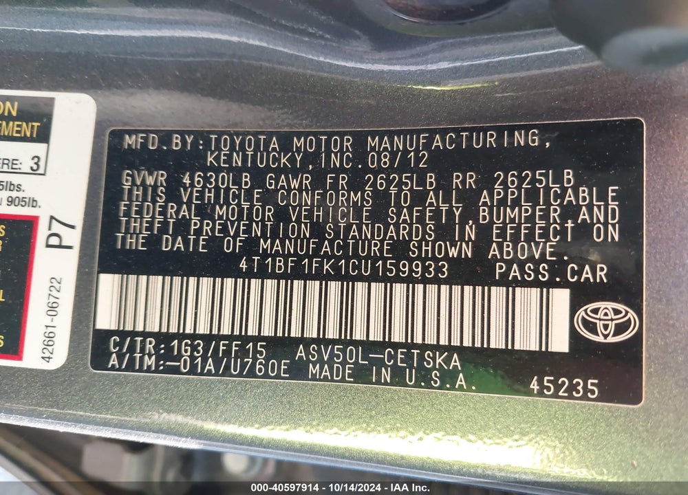 2012 TOYOTA CAMRY SE VIN: 4T1BF1FK1CU159933