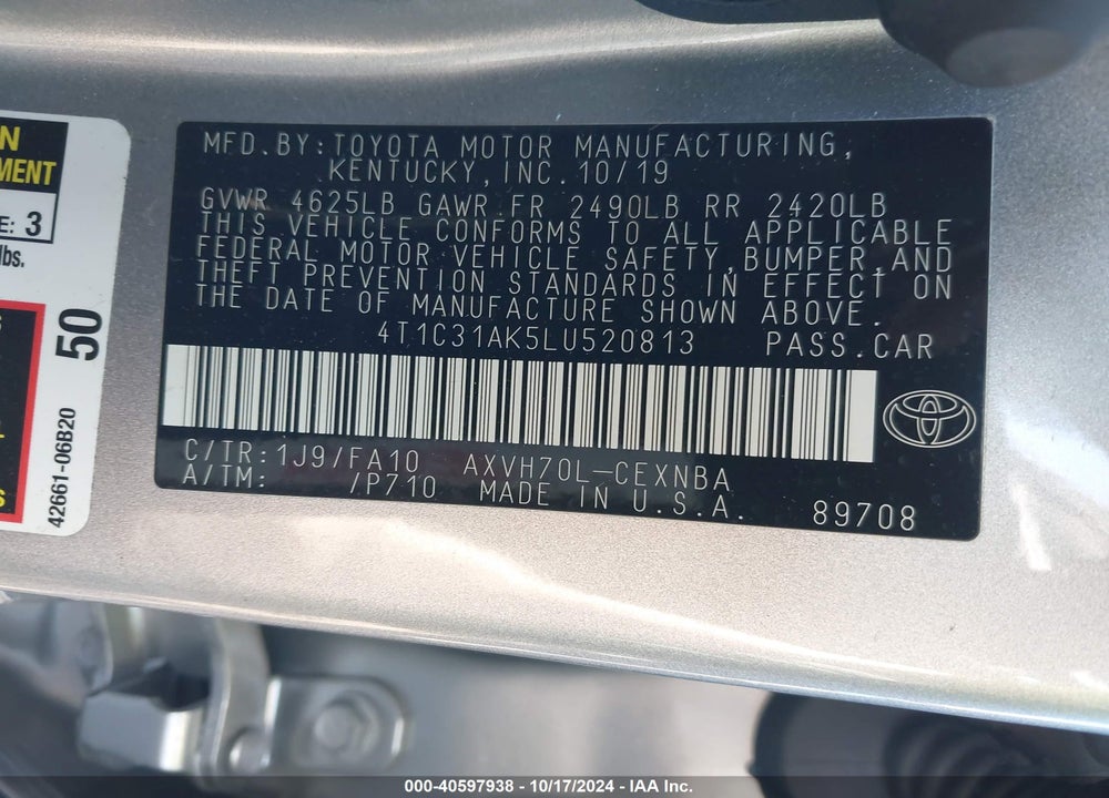 2020 TOYOTA CAMRY LE HYBRID VIN: 4T1C31AK5LU520813