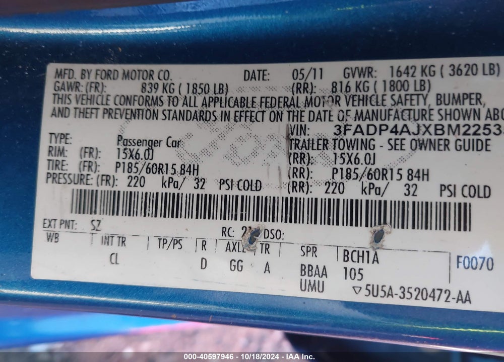 2011 FORD FIESTA S VIN: 3FADP4AJXBM225351