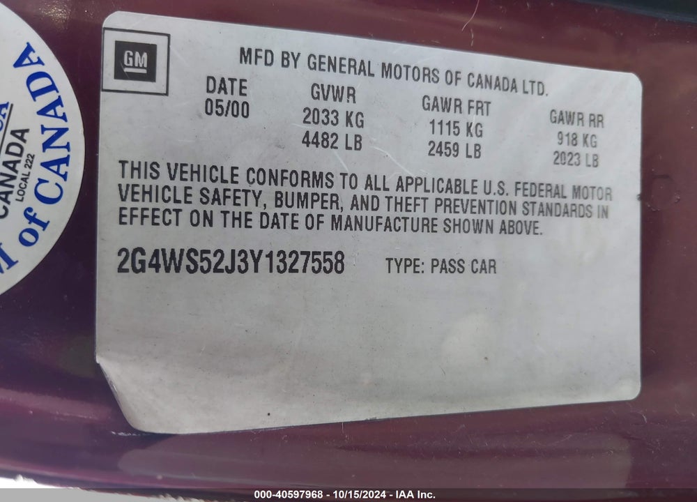 2000 BUICK CENTURY CUSTOM VIN: 2G4WS52J3Y1327558
