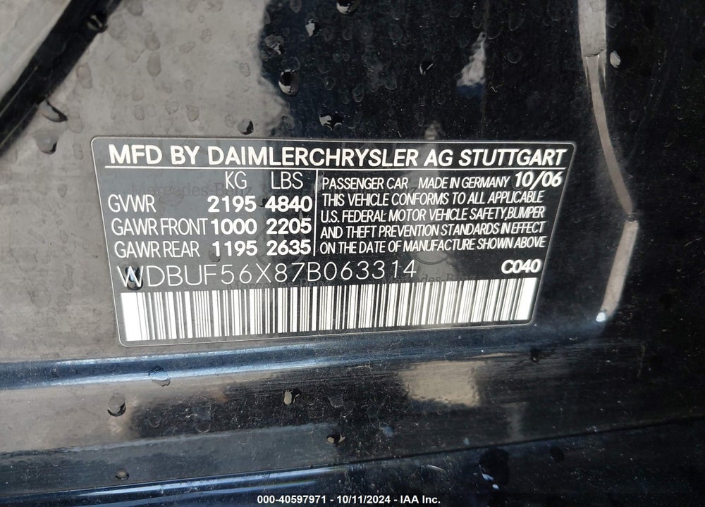 2007 MERCEDES-BENZ E 350 VIN: WDBUF56X87B063314