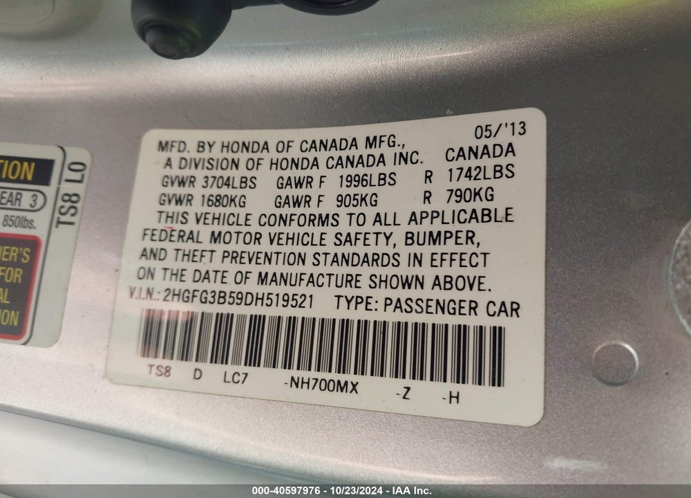 2013 HONDA CIVIC LX VIN: 2HGFG3B59DH519521