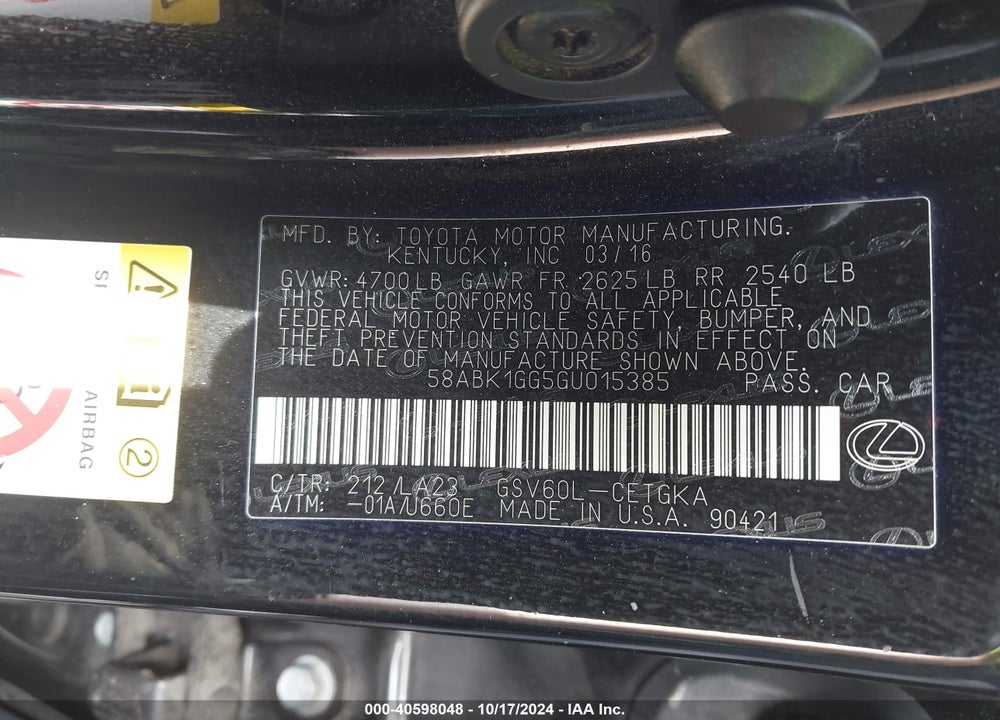 2016 LEXUS ES 350 VIN: 58ABK1GG5GU015385