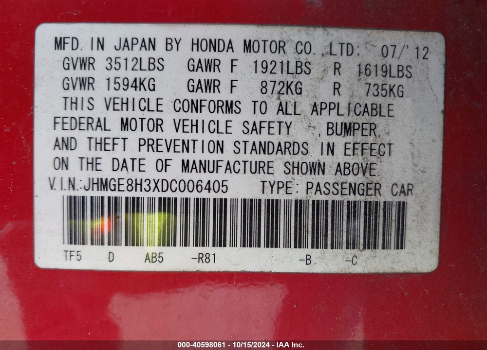 2013 HONDA FIT VIN: JHMGE8H3XDC006405