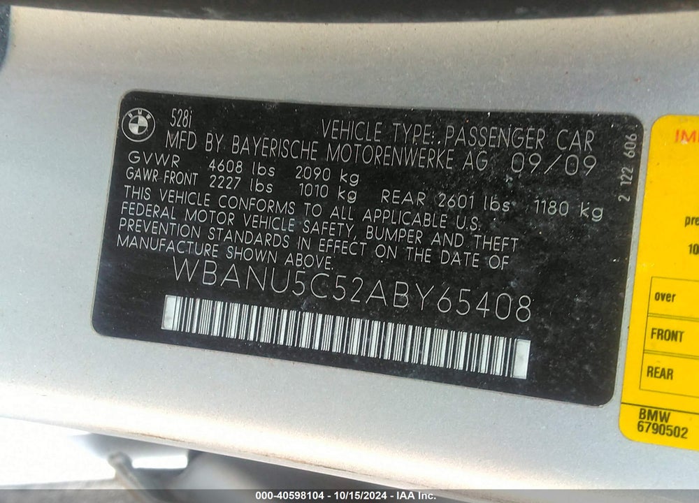 2010 BMW 528I VIN: WBANU5C52ABY65408