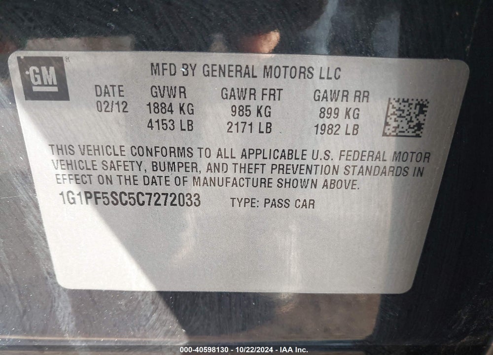 2012 CHEVROLET CRUZE 1LT VIN: 1G1PF5SC5C7272033