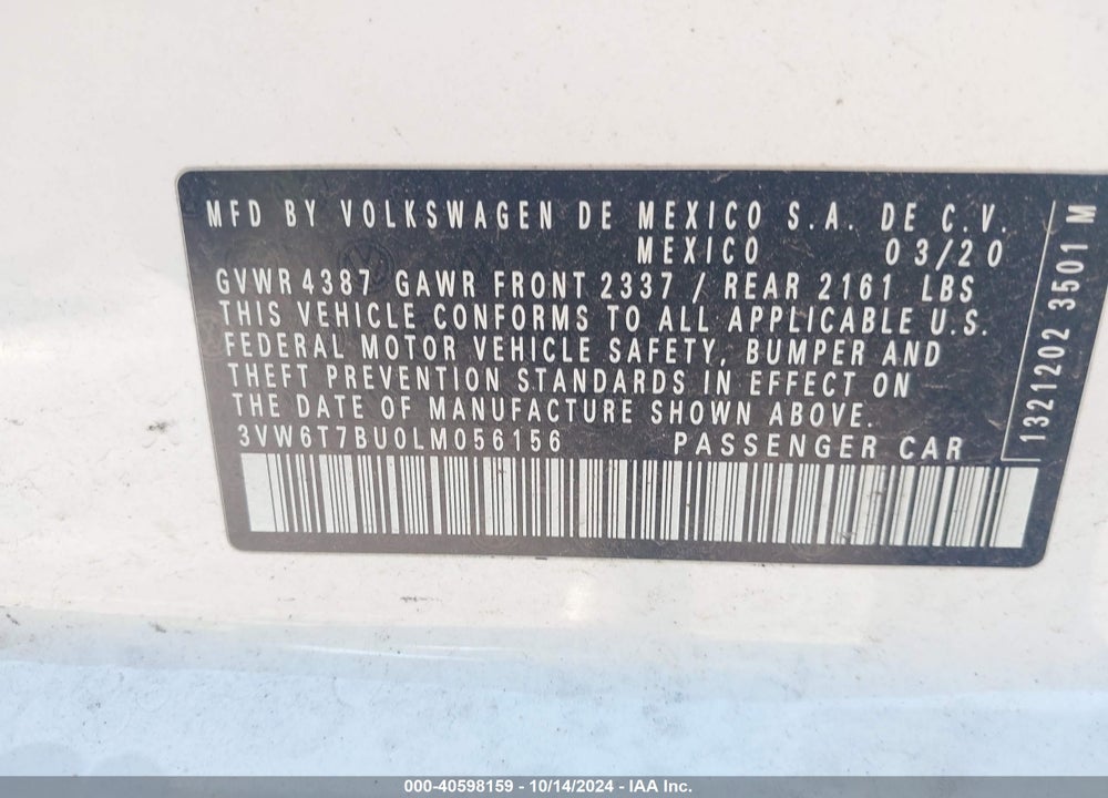 2020 VOLKSWAGEN JETTA GLI 2.0T AUTOBAHN/2.0T S VIN: 3VW6T7BU0LM056156