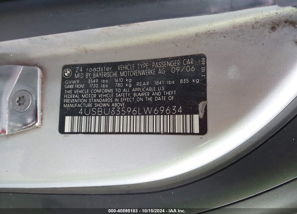 2006 BMW Z4 3.0I VIN: 4USBU33596LW69634