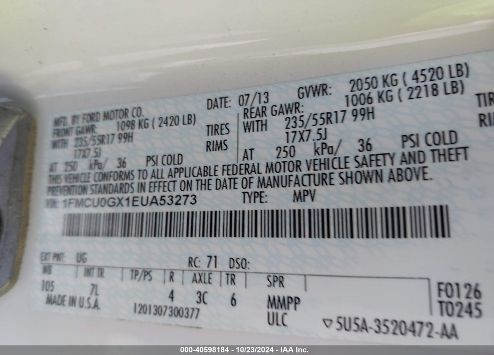 2014 FORD ESCAPE SE VIN: 1FMCU0GX1EUA53273