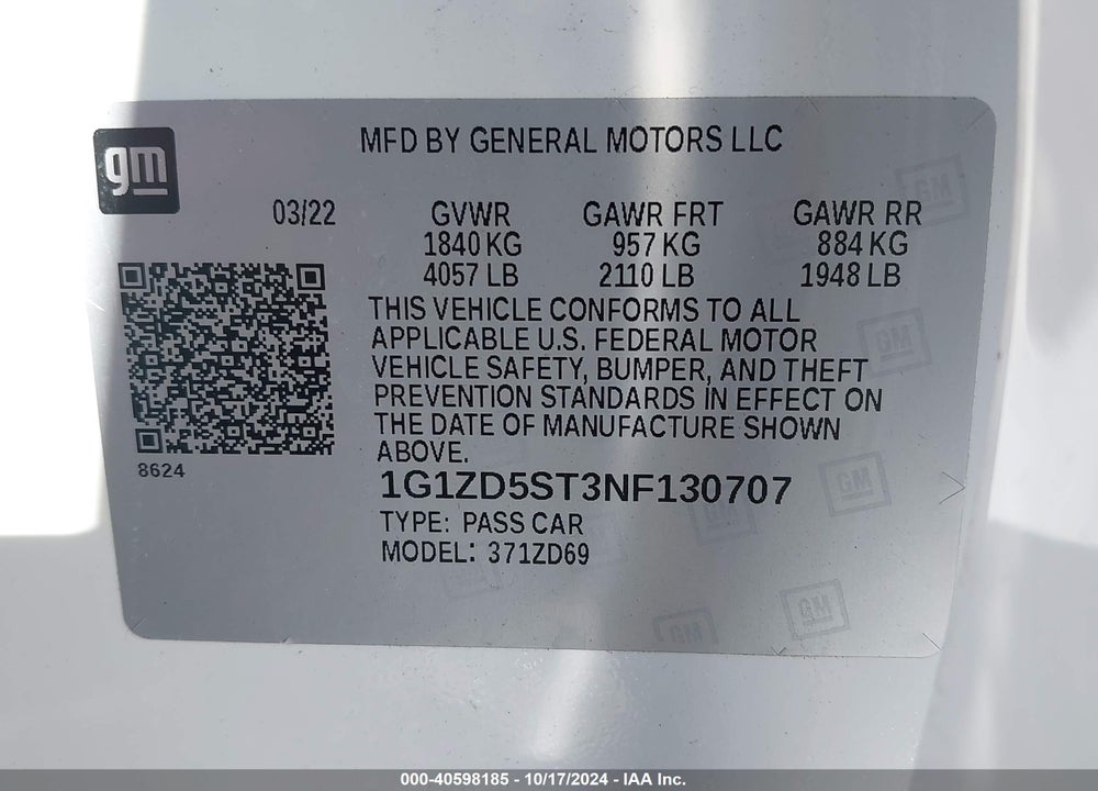 2022 CHEVROLET MALIBU FWD LT VIN: 1G1ZD5ST3NF130707